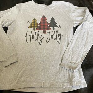 Holly Jolly Gray Long Sleeve Christmas Holiday T Shirt Size Large Buffalo Plaid